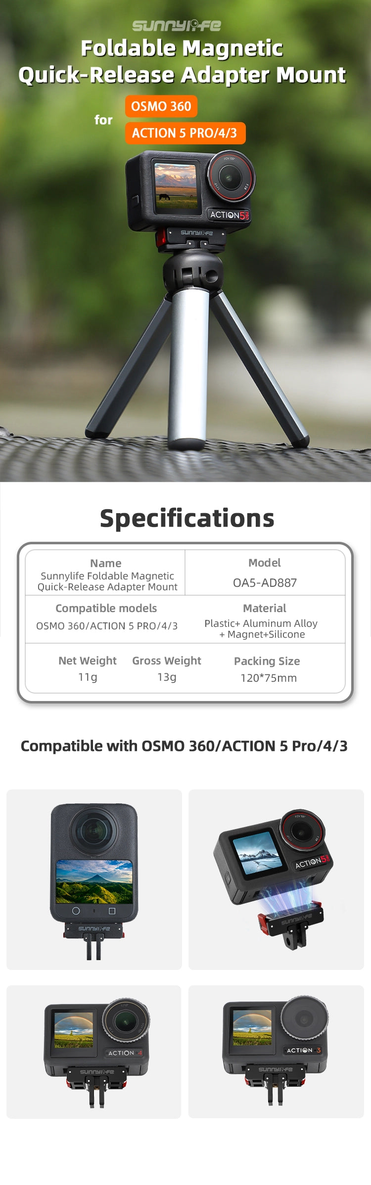 Foldable Magnetic Quick Release Mount for OSMO ACTION