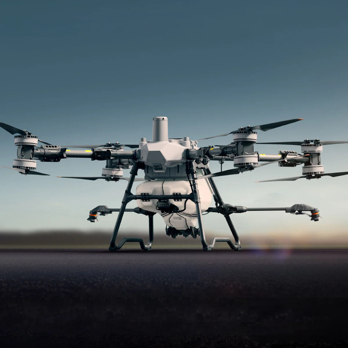 Large drone with multiple rotors on a clear sky background