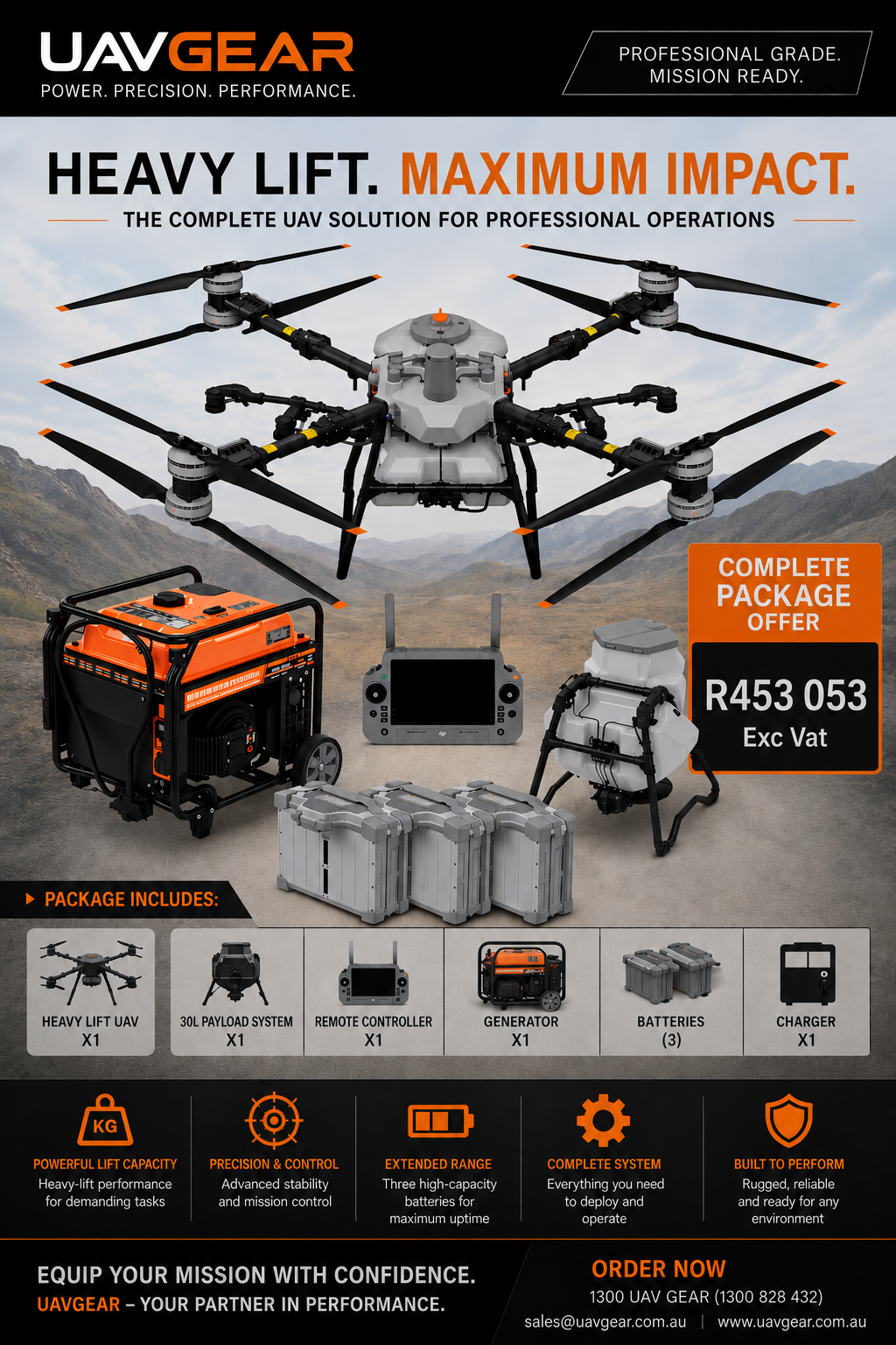 UAVGear advertisement for professional-grade UAV solution with drone, generator, and equipment.