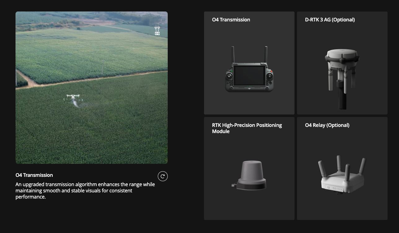Agricultural drone operation with product features on a black background
