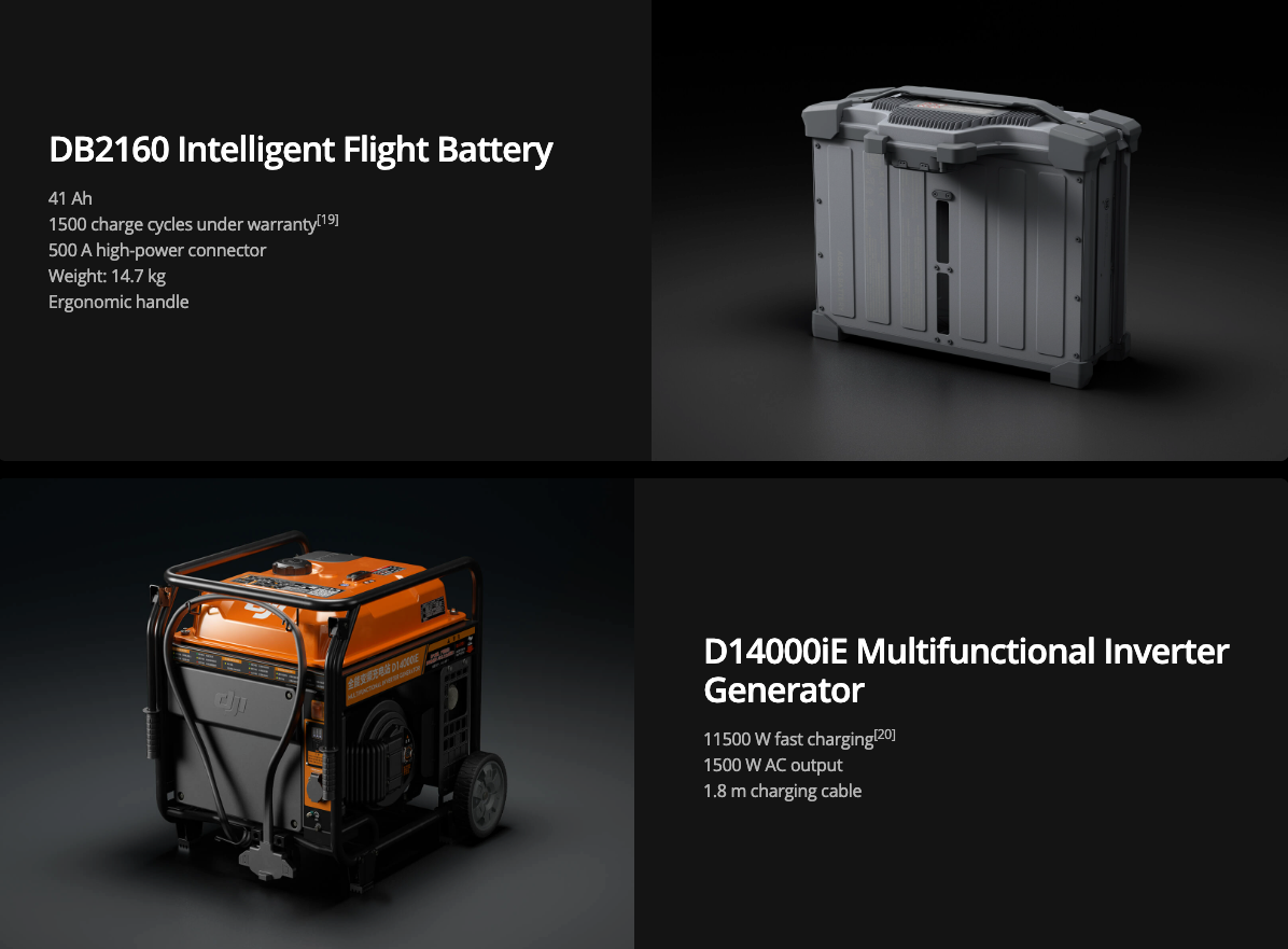 DB2160 Intelligent Flight Battery and D14000IE Multifunctional Inverter Generator on a dark background