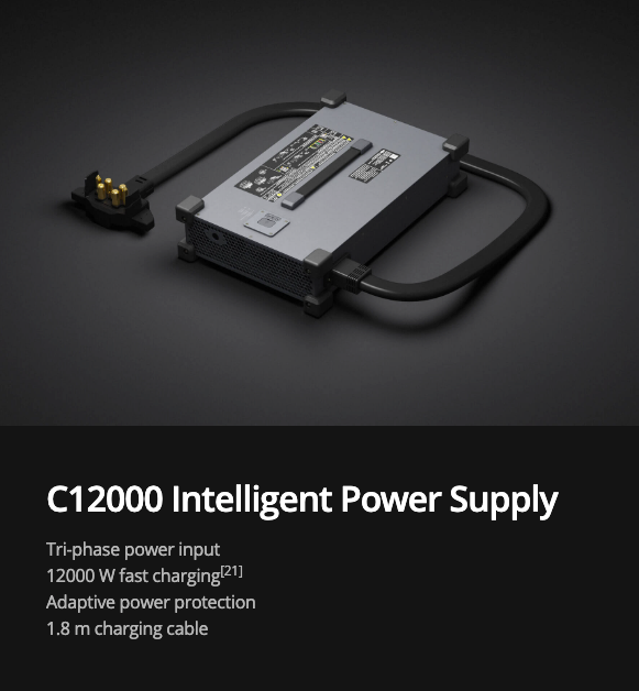C12000 Intelligent Power Supply on a dark background with text detailing features.