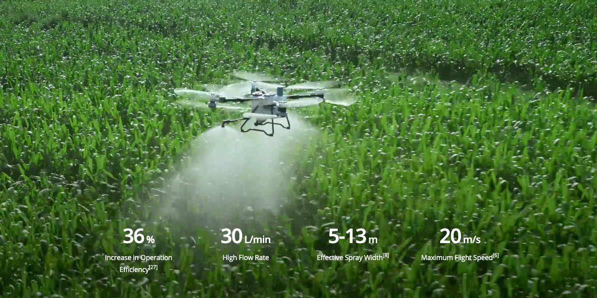 Drone spraying a field with technical specifications displayed